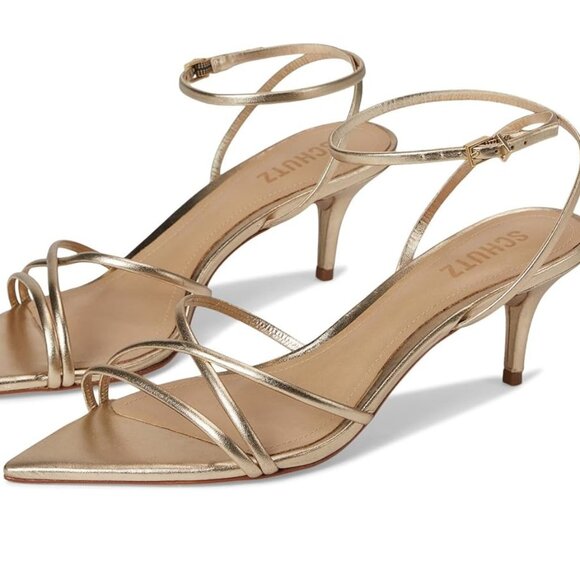 Like new Schutz Desiree Mid Sandal in Platina gold mid kitten heel open strappy - Picture 3 of 10